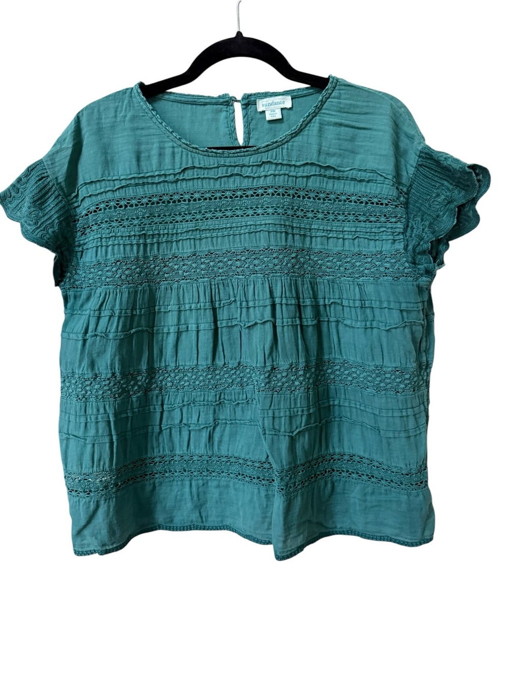 Sundance Teal Crochet Lace Pintuck Boho Gauze Blouse Petite Medium PM